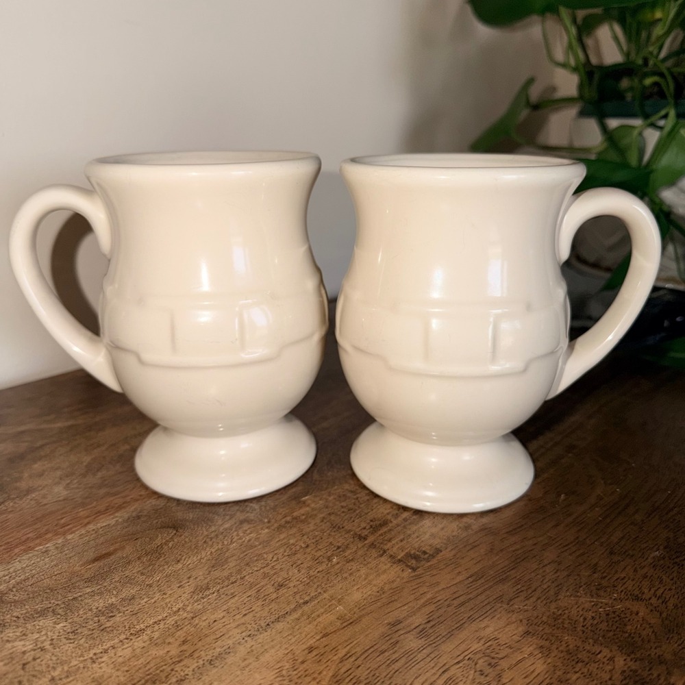 Longaberger Pottery Woven Traditions Mugs Set 2 Ivory Pedestal Coffee Cups  USA